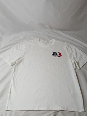 Moncler White Short-Sleeve Logo Tee with Red & Navy Detail